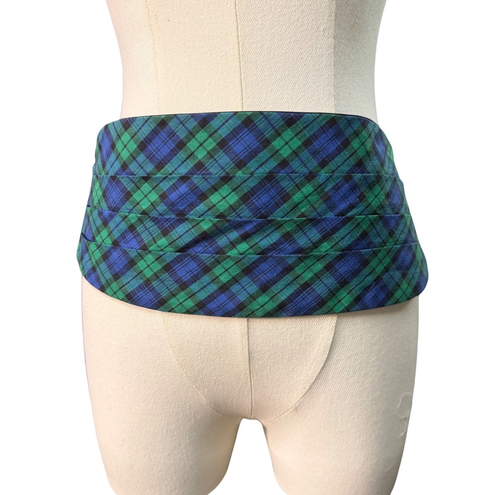 Vintage Cummerbund Belt OS Green Blue Black Good Tartan Plaid Preppy Indie